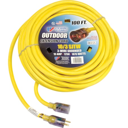 U.S. Wire & Cable SJTW Extension Cord, 10 AWG, Outdoor, 10/3, 1 Outlets, 5-15R, Yellow, Vinyl, 5-15P, 100 ft 68100
